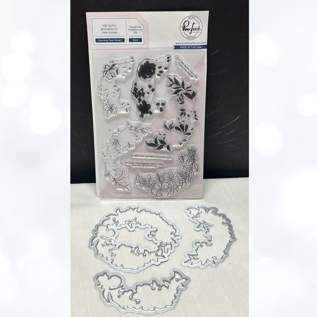 Pinkfresh Studios CHARMING FLORAL WREATH Flowers Rubber Stamps Dies