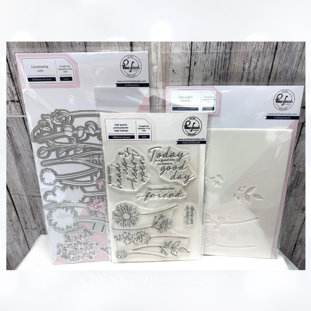 Pinkfresh Studio WILDFLOWER BOUQUET Flowers Rubber Stamps Dies Stencils