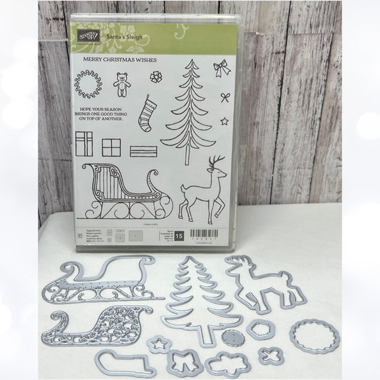 Stampin Up SANTA'S SLEIGH Christmas Tree Deer Rubber Stamps Framelits Dies