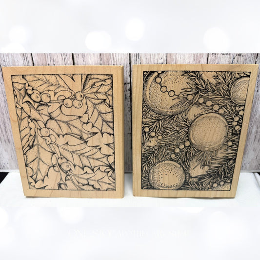 Peddlers Pack CHRISTMAS Ornaments Holly Background Wood Rubber Stamps