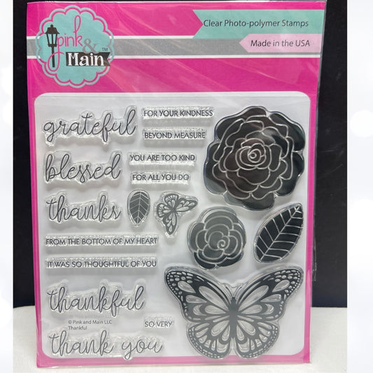 Pink & Main THANKFUL Butterfly Flowers Sentiments Rubber Stamps