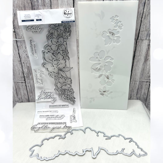 PInkfresh Studio FLORAL NOTES Flowers 4x12 Rubber Stamps Dies Stencils