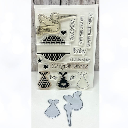 Clearly Besotted SPECIAL DELIVERY Baby Boy Girl Shower Stork Rubber Stamps Dies