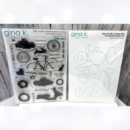 Gina K Designs SUNNY DAYS 2 Bicycle Scooter Cat Dog 6x8 Rubber Stamps Dies