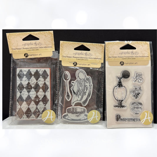 Graphic 45 Tea Cup Perfume Harrlequin 3x4 Rubber Stamps Lot of 3