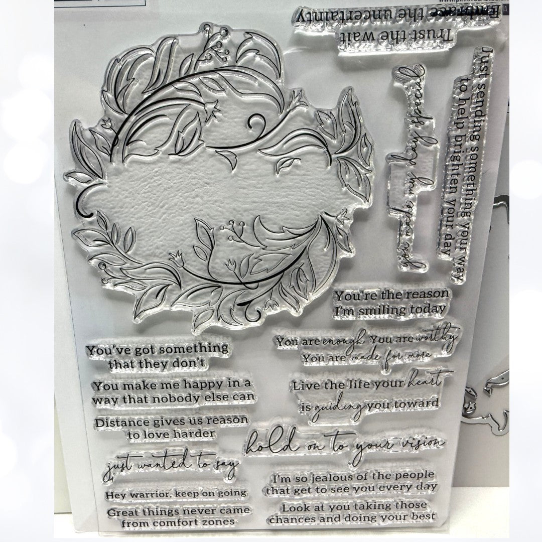 Pinkfresh Studio REASON TO SMILE WREATH 6x8 Rubber Stamps Dies Stencils