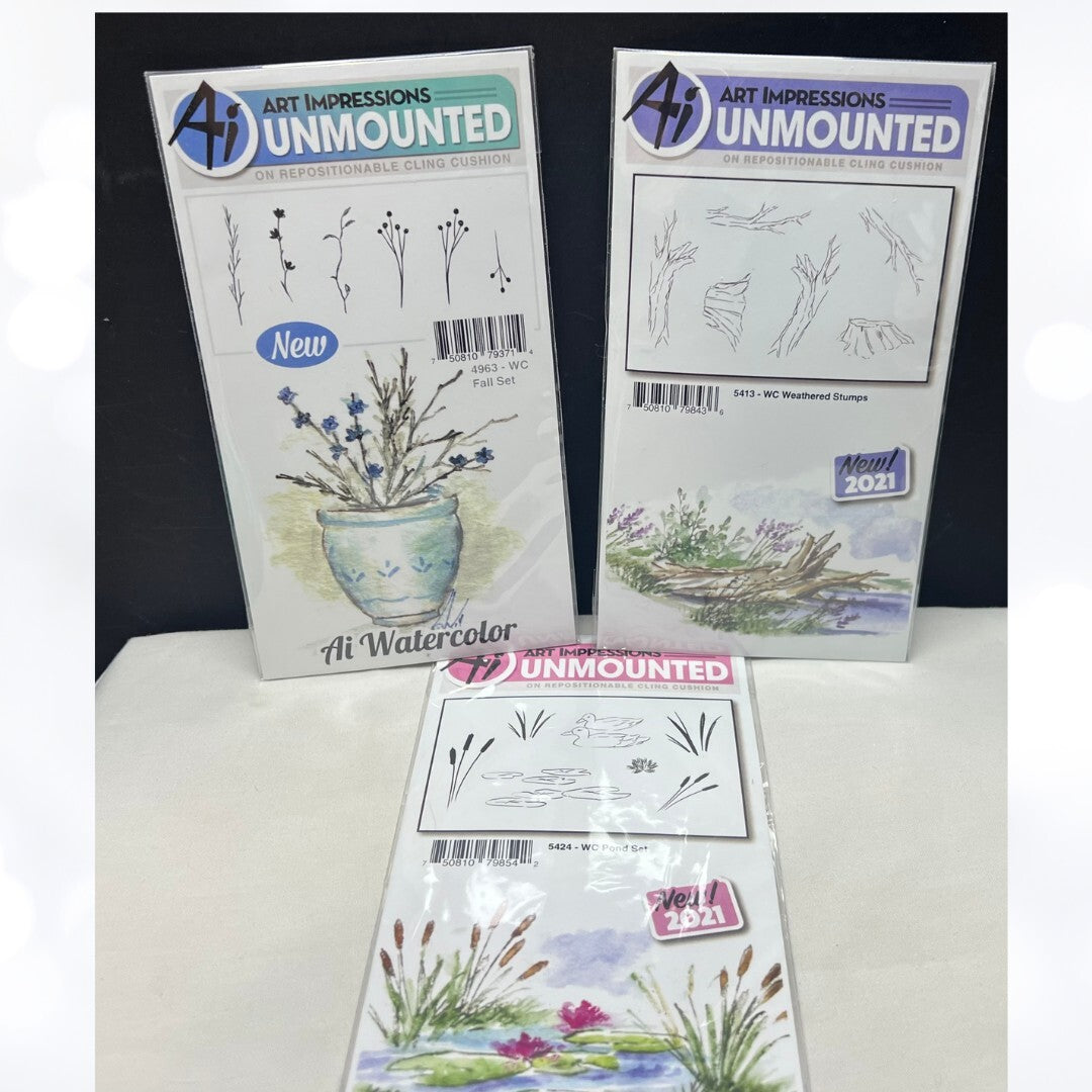 Art Impressions FALL Pond Weathers Swan Watercolor Rubber Stamps Lot of 3