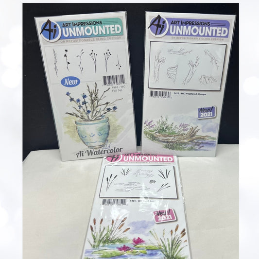 Art Impressions FALL Pond Weathers Swan Watercolor Rubber Stamps Lot of 3
