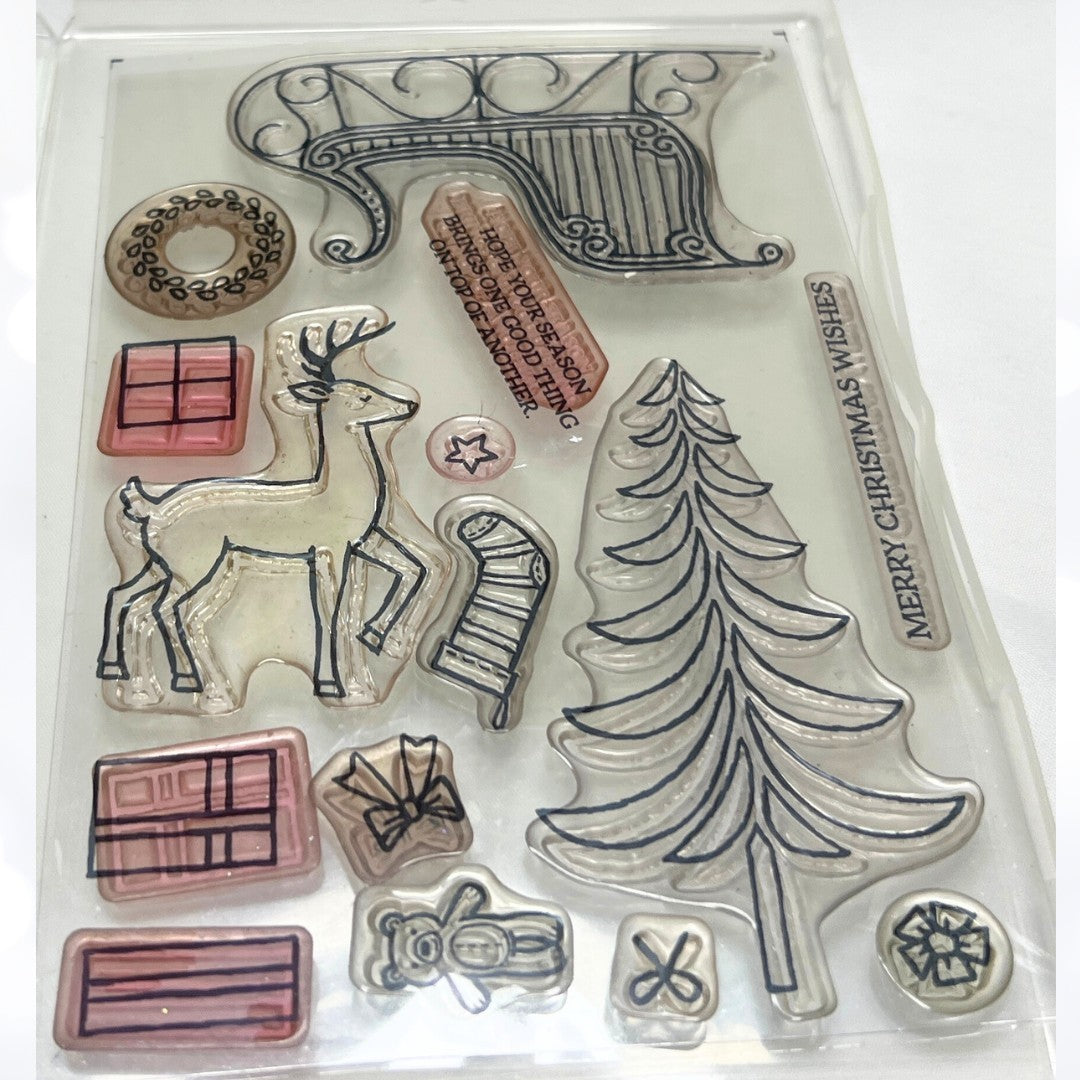 Stampin Up SANTA'S SLEIGH Christmas Tree Deer Rubber Stamps Framelits Dies