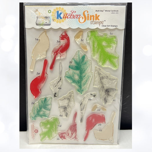 Kitchen Sink WINTER CARDINALS Birds Christmas 6x8 Layering Rubber Stamps