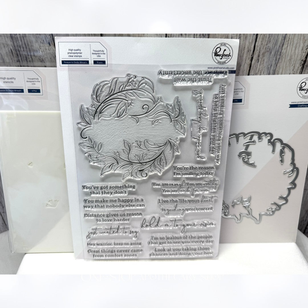 Pinkfresh Studio REASON TO SMILE WREATH 6x8 Rubber Stamps Dies Stencils