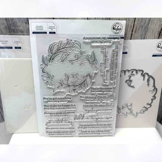 Pinkfresh Studio REASON TO SMILE WREATH 6x8 Rubber Stamps Dies Stencils