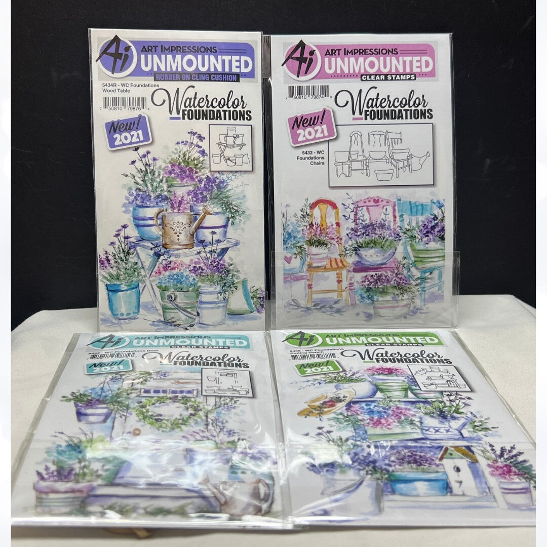 Art Impressions Watercolor Foundations Potting Bench Door Chairs Rubber Stamps