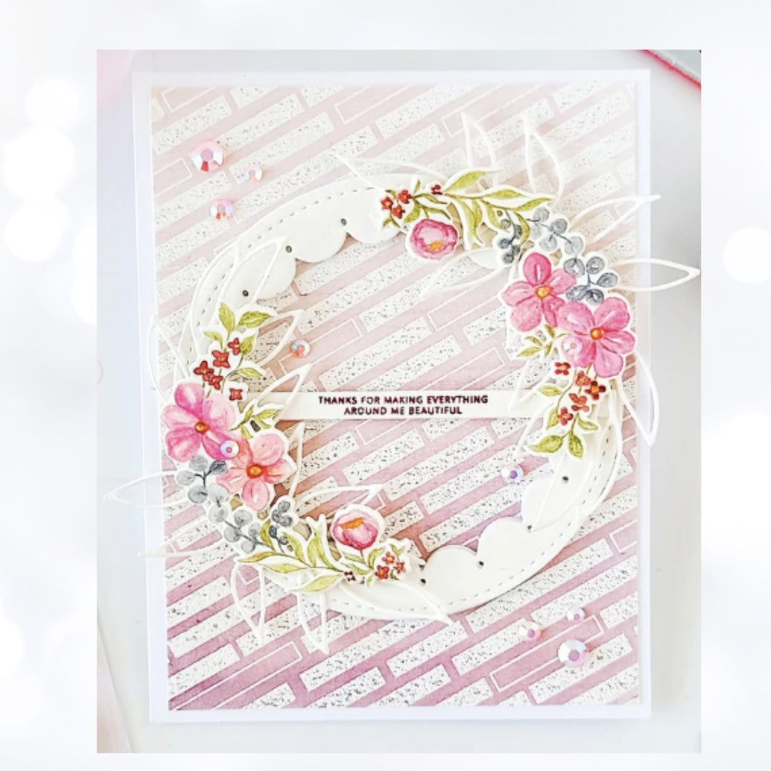 Pinkfresh Studios CHARMING FLORAL WREATH Flowers Rubber Stamps Dies