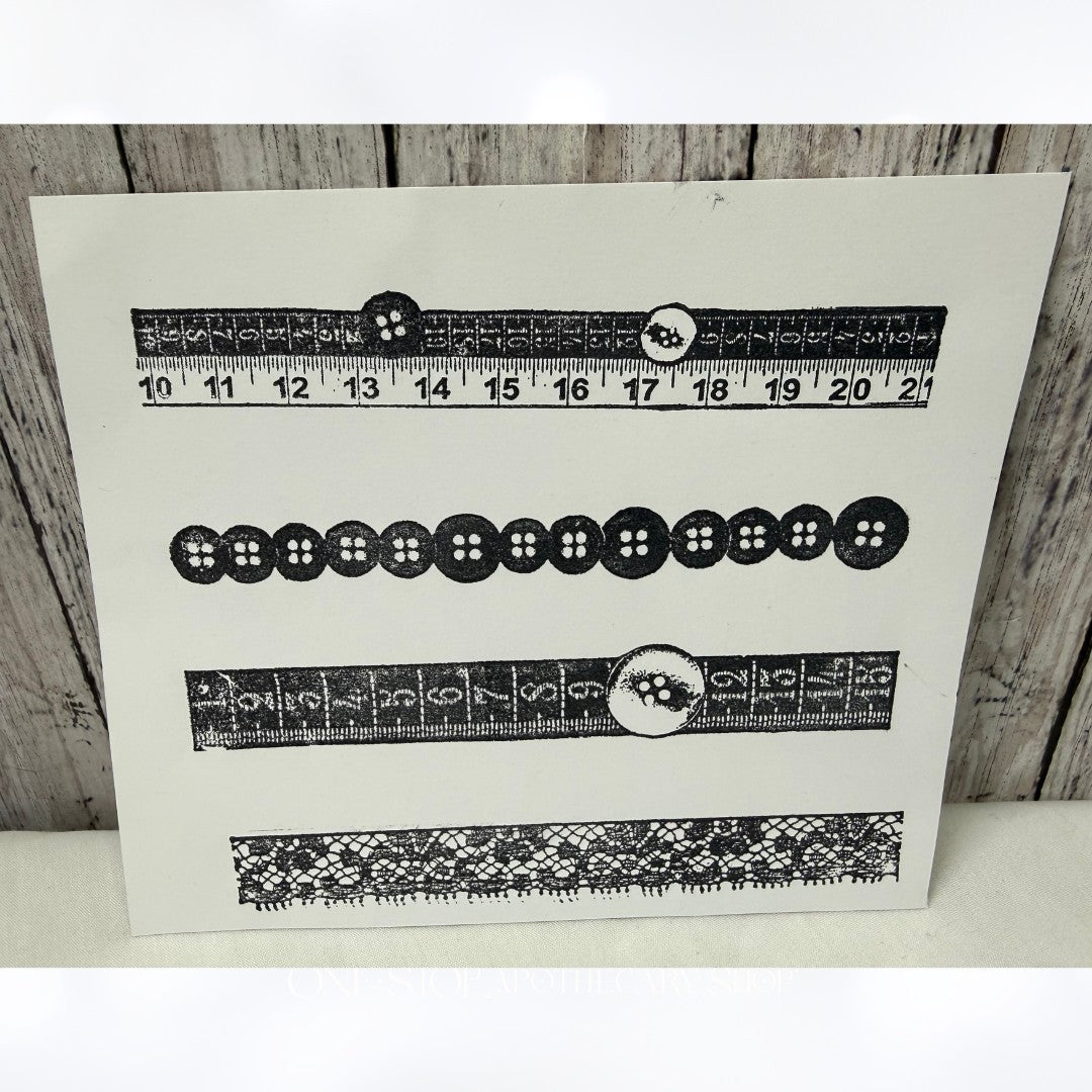 VINTAGE SEWING Lace Buttons Ruler Borders Mixed Media Rubber Stamp