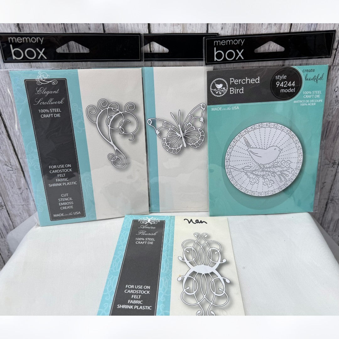 Memory Box PERCHED BIRD Butterfly Scrollwork Dies Lot of 4