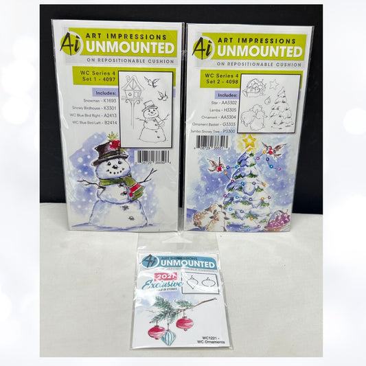 Art Impressions CHRISTMAS Watercolor Series 4 Sets 1 & 2 Rubber Stamps Lot