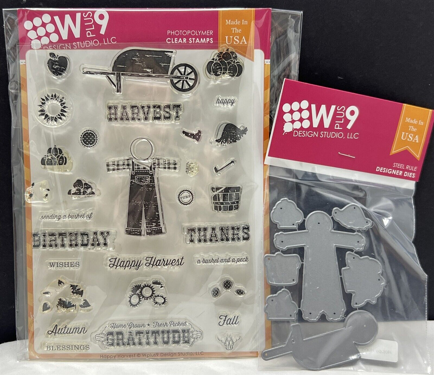 W Plus 9 Wplus9 HAPPY HARVEST Fall Autumn Scarecrow 6x8 Rubber Stamps Dies