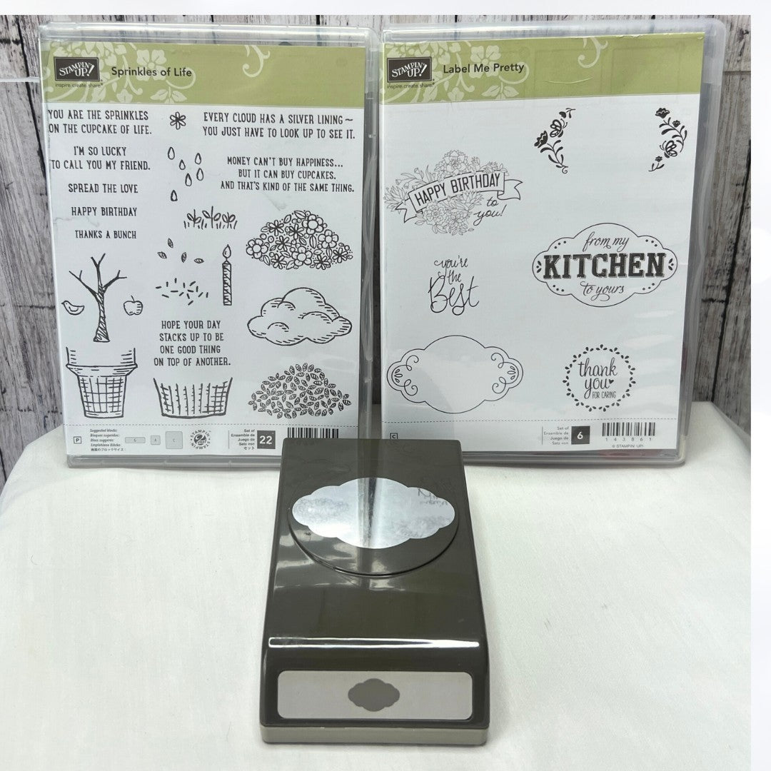Stampin Up PRETTY LABEL Punch Sprnkles of Life Label Me Rubber Stamps Lot