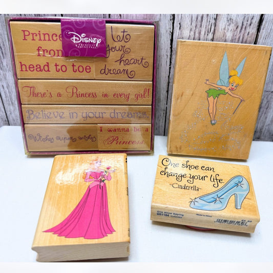 Disney PRINCESS Cinderella Sleeping Beauty Sentiments Rubber Stamps Lot