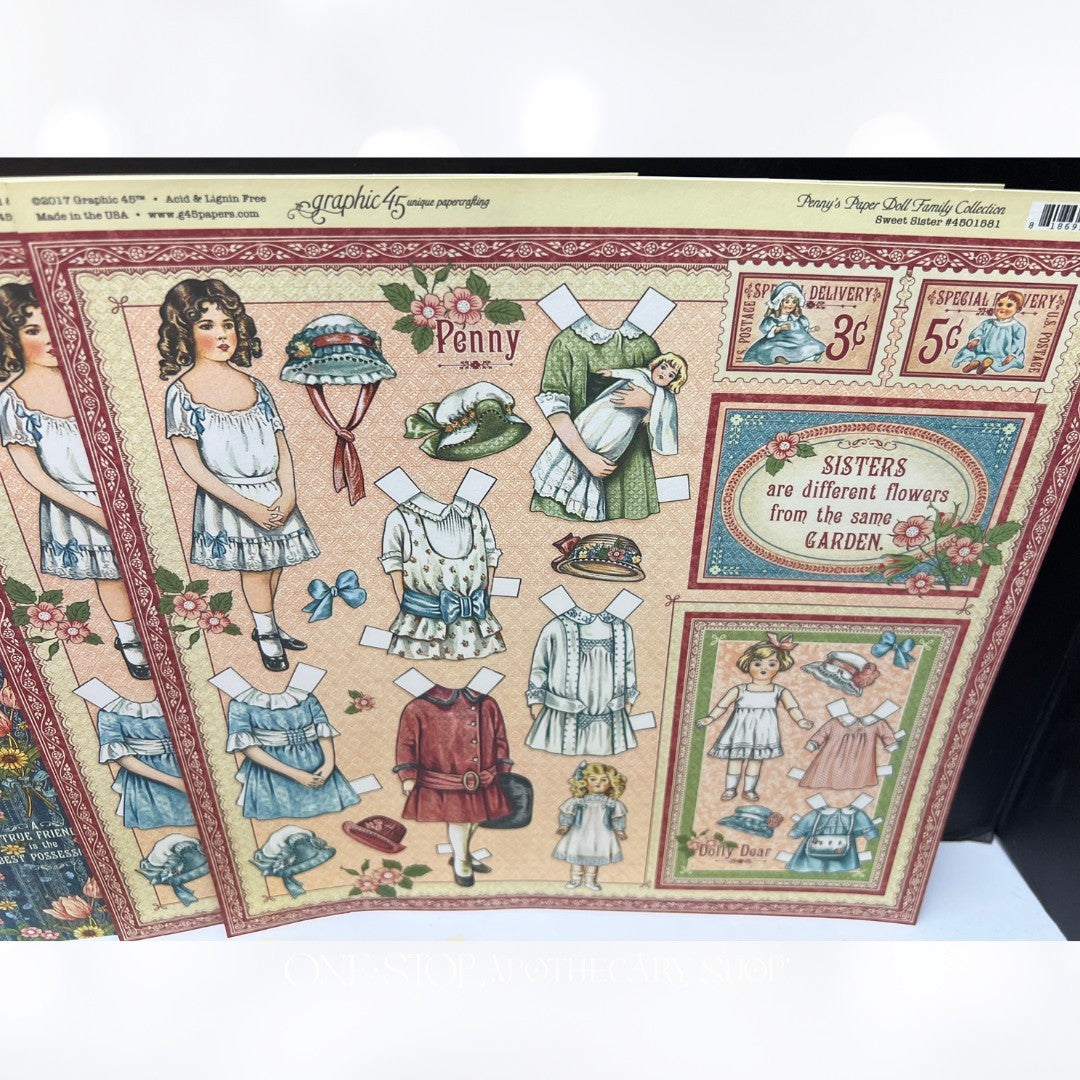 Graphic 45 PENNY'S PAPER DOLL FAMILY 12x12 8x8 Chipboard Papers Kit