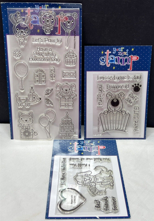 Your Next Stamp LET'S PAW-TY Dogs Cats Birthday Love Rubber Stamps Lot of 3