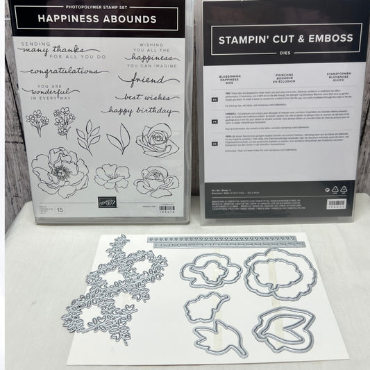 Stampin Up HAPPINESS ABOUNDS Flowers Blossoming Rubber Stamps Dies