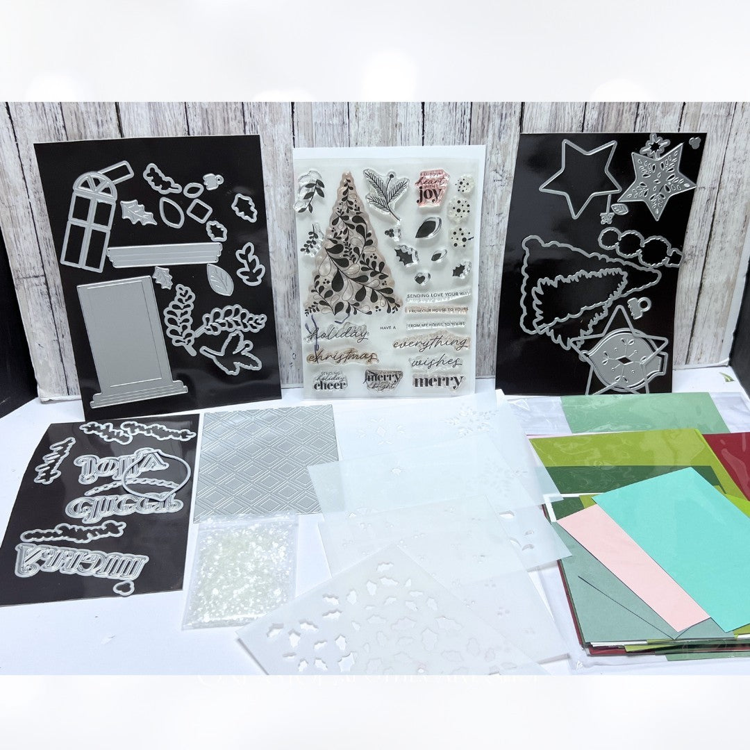 Scrapbook & Cards Today JOLLY HOLIDAY Christmas Tree Rubber Stamps Dies Card Kit