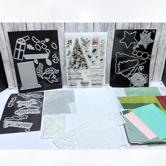 Scrapbook & Cards Today JOLLY HOLIDAY Christmas Tree Rubber Stamps Dies Card Kit