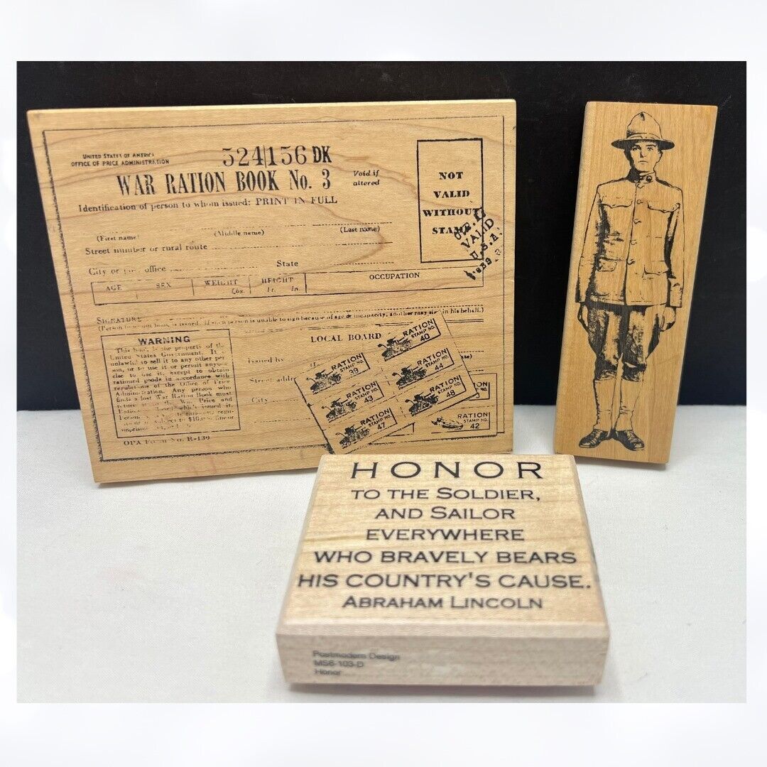 River City Rubber Works WAR RATION BOOK Soldier Military Rubber Stamps Lot of 3