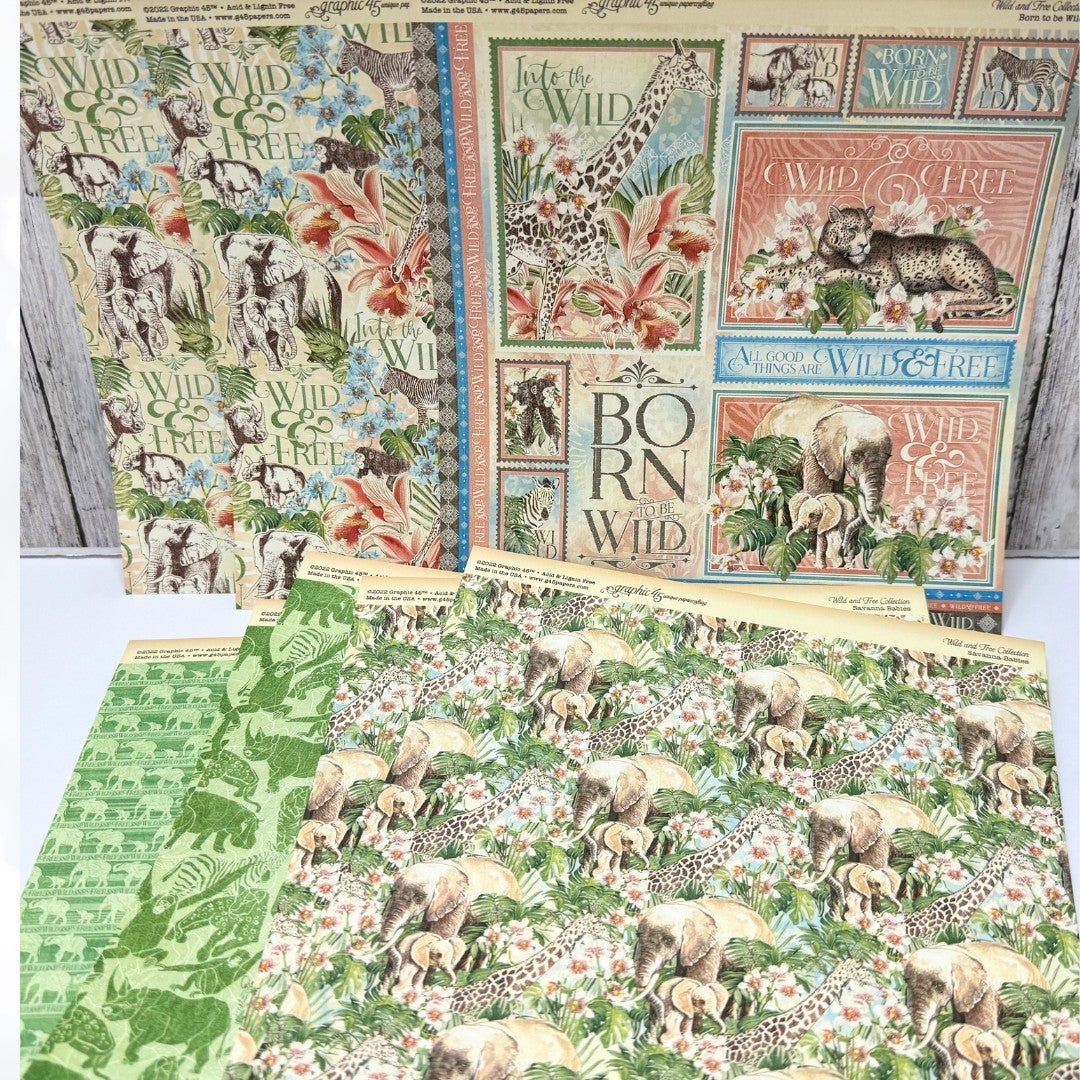 Graphic 45 WILD & FREE Safari Jungle 12x12 Papers Stickers Kit