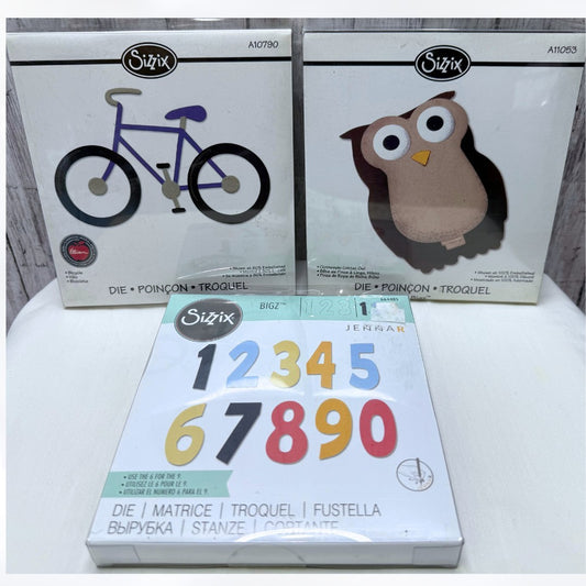 Sizzix NUMERACY Bicycle Owl Bike Alphabet Bigz Dies Lot of 3