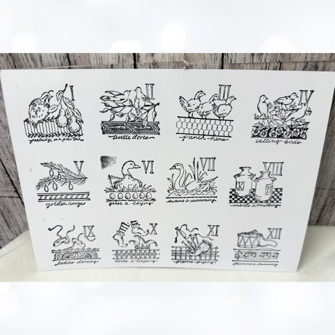 12 DAYS OF CHRISTMAS Vintage Holiday Cube Rubber Stamps