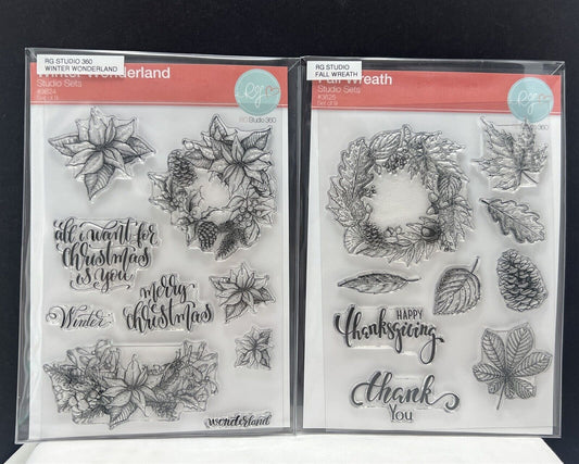 RG Studio WINTER WONDERLAND Fall Wreath Christmas Leaves Rubber Stamps Lot of 2