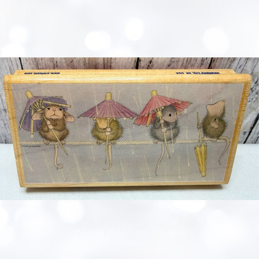 House Mouse SITTING IN THE RAIN 2 Mice Spring Umbrella Rubber Stamps