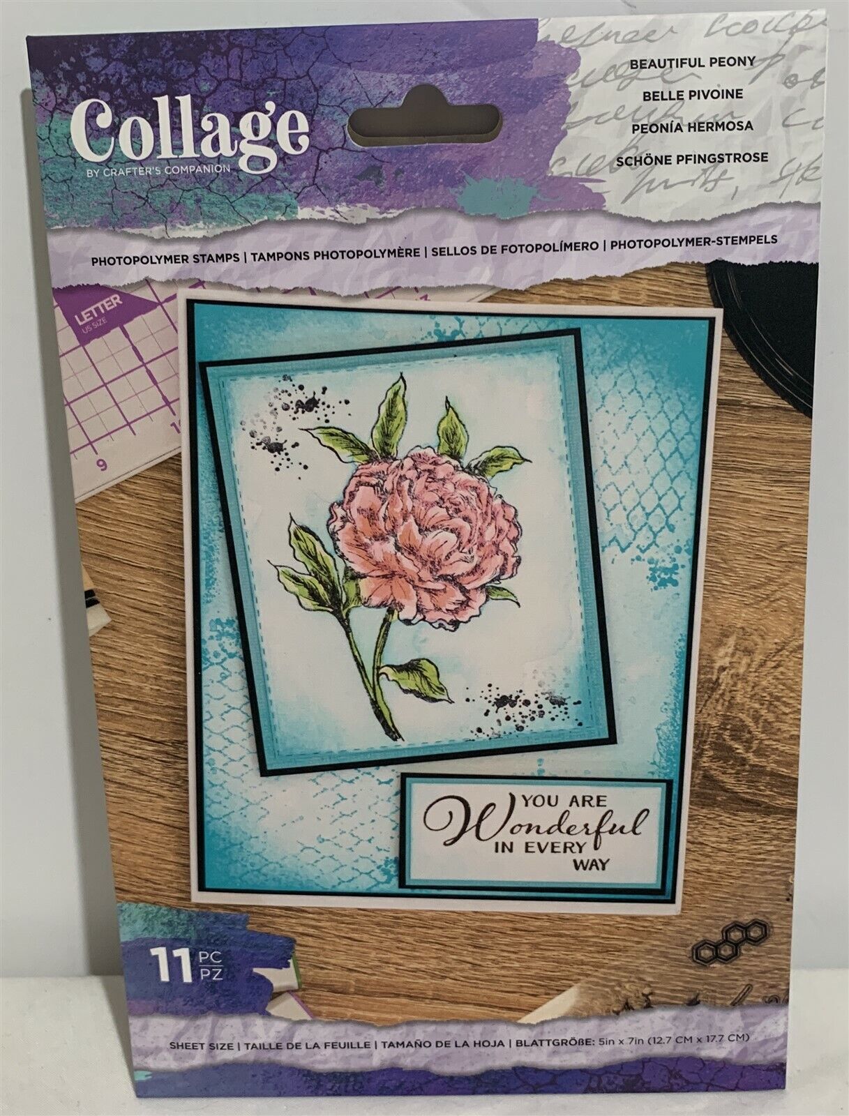 Crafter's Companion BEAUTIFUL PEONY Flower Peonies Collage Rubber Stamps Set