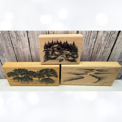 Stampscapes CROOKED PATH Oak Row Old Mill Landscape Nature Rubber Stamps