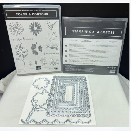 Stampin Up COLOR & CONTOUR Scalloped Flowers Rubber Stamps Dies