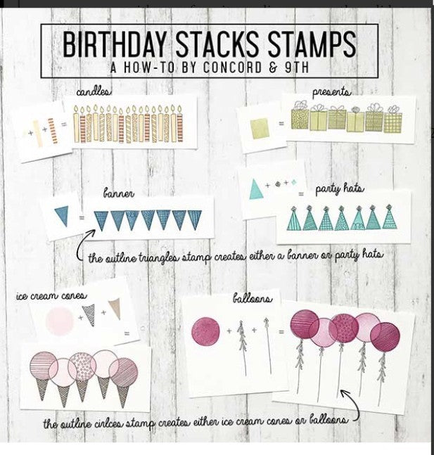 Concord & 9th BIRTHDAY STACKS Candles Party Gifts 6x8 Rubber Stamps Dies