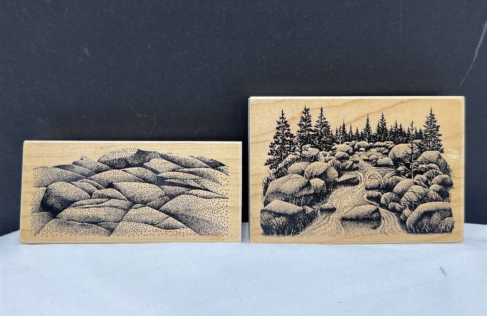 Stampscapes ROCKY CREEK Ledge Trees Nature Landscape 073G 054F Rubber Stamps