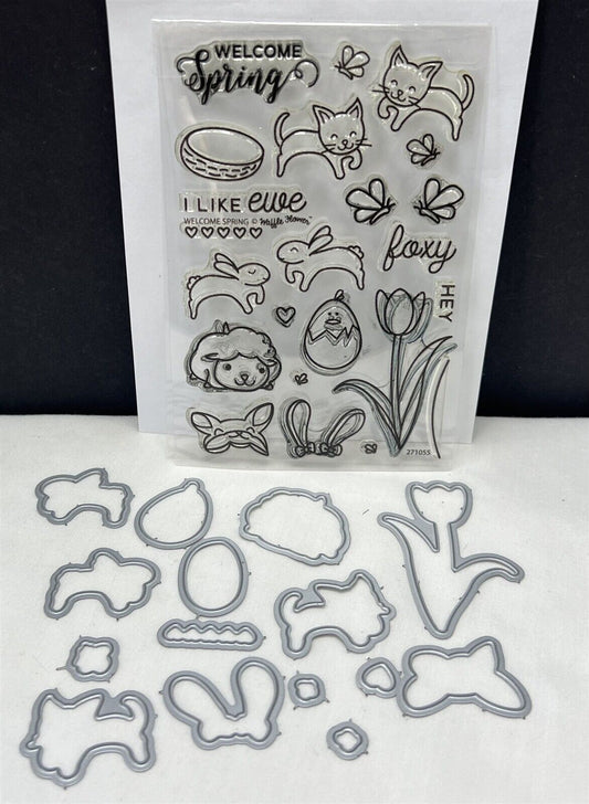 Waffle Flower WELCOME SPRING Lamb Bunny Sheep Chick Easter Rubber Stamps Dies