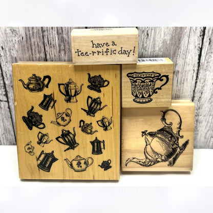 TEA PARTY Pot Kettle Cup Rubber Stamps Lot of 4