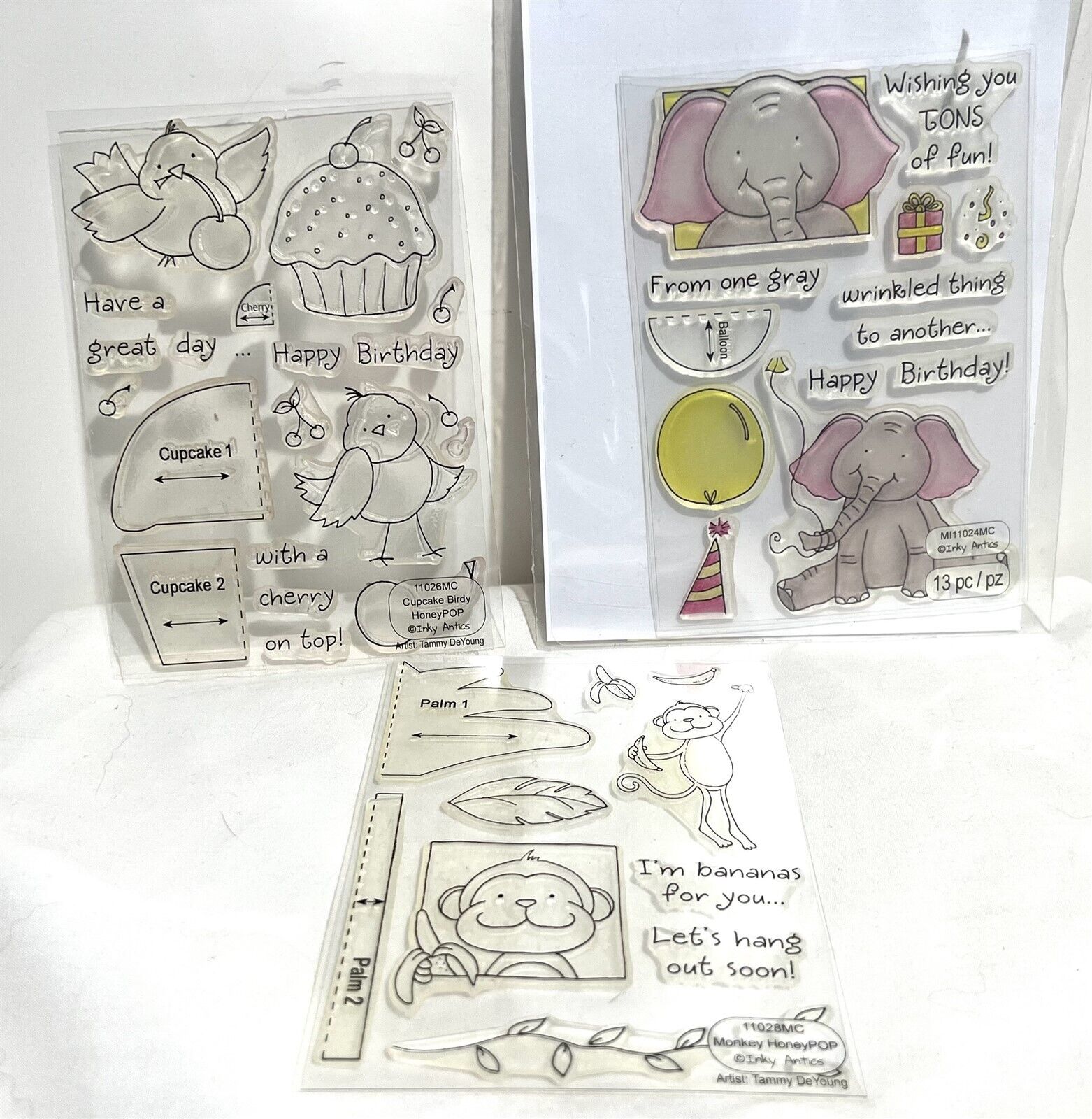 Inky Antics ELEPHANT Bird Monkey Zoo Animals Rubber Stamps Lot of 3