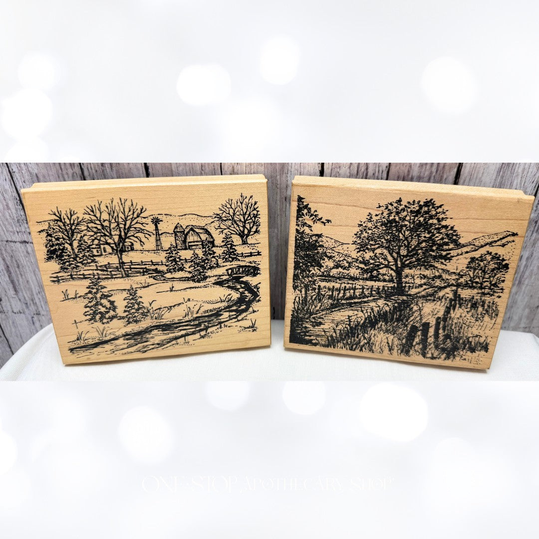 Northwoods CHRISTMAS BARN Farm Landscape Trees Rubber Stamps Set of 2