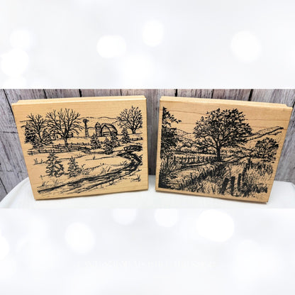 Northwoods CHRISTMAS BARN Farm Landscape Trees Rubber Stamps Set of 2