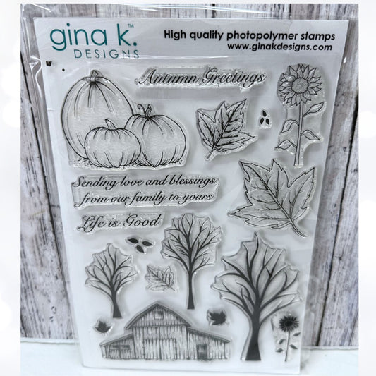 Gina K Designs RUSTIC AUTUMN Fall Barn Farm Pumpkins Rubber Stamps