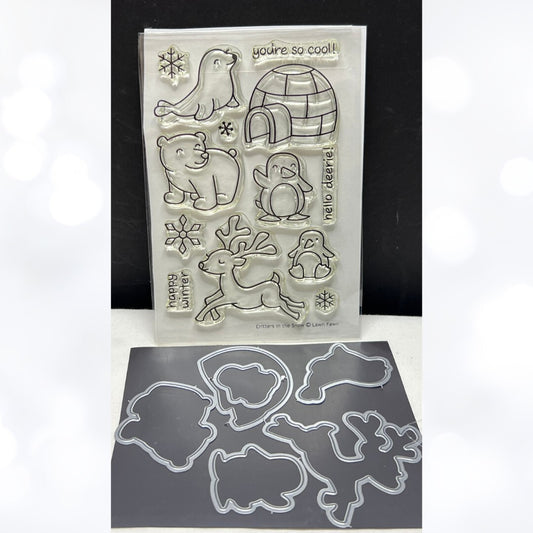 Lawn Fawn CRITTERS IN THE SNOW Christmas Penguin Rubber Stamps Dies