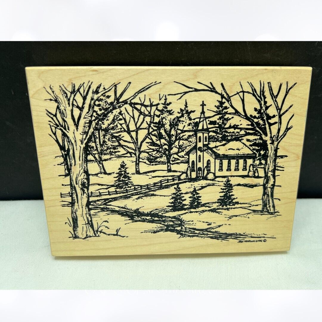 Northwoods CHRISTMAS CHURCH Landscape Winter Rubber Stamp