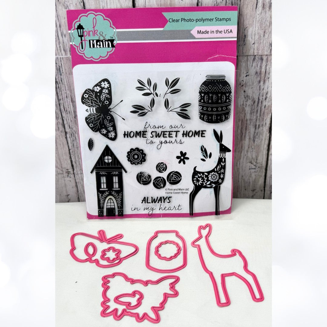 Pink & Main HOME SWEET HOME Deer Butterfly Rubber Stamps Dies AS IS**