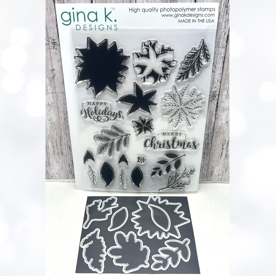 Gina K Designs PERFECT POINSETTIA Christmas Greenery 6x8 Rubber Stamps Dies